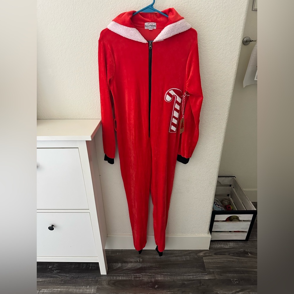 Red Christmas Pajamas with Candy Cane Design and Santa Hat Hoodie